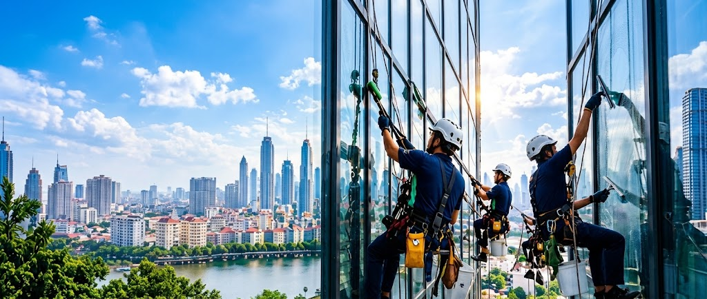 CleanEx rope-access team cleaning a glass high-rise with a city skyline behind