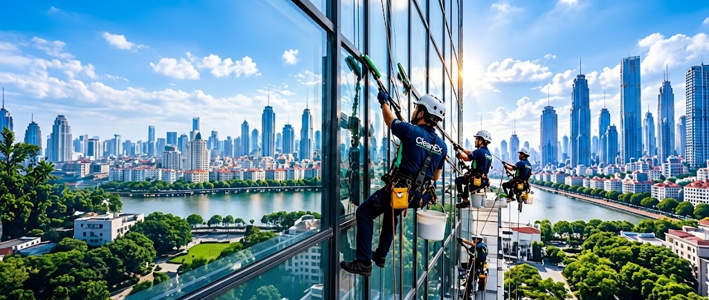 CleanEx technicians cleaning a glass façade above a riverside city