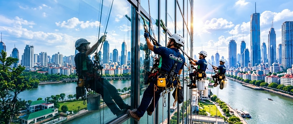 CleanEx rope-access team at work on a high-rise façade, city skyline behind